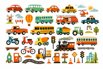 Naklejka premium Retrofuturistic Mid-Century Transportation Set for Children's Education. Colorful Cartoon Graphics of Automobiles, Locomotives, Aircraft, and Traffic Signals for Juvenile Design Themes.