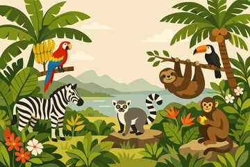 Naklejka premium Tropical Vintage Botanical Landscape Illustration featuring Wild Animals like Zebra, Sloth, Lemur, Monkey, Parrot, and Toucan in a Lush Rainforest with Palm Trees, Mountains, and Exotic Flowers.