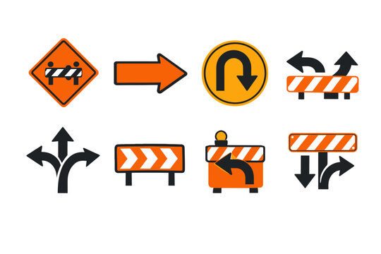 Collection of Road Sign Icons for Detour and Diversion, Traffic Redirection Symbols, Construction Barriers and Directional Arrows, Simple Flat Vector Illustration for Safety and Navigation