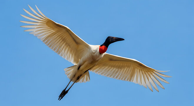 Jabiru stork bird with black head red throat and white wings flying image