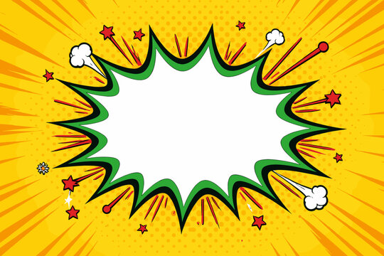 Retro Comic Book Starburst Background with Blank White Center for Text, Green Burst Outline, Yellow Halftone Dot Pattern, Red Stars, and Speed Lines. Pop Art Vector Illustration Frame Design.