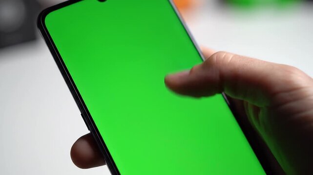 Close up of a man hand holding and swiping on a smartphone with green screen chroma key
