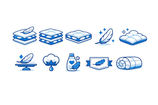 Set of blue and white icons for feather-filled fabric layers, down bedding comfort, lightweight textile structure, soft cotton, laundry care, and quality labels for pillows and duvets.