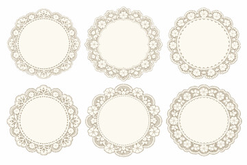 Obraz premium Set of Six Elegant Round Vintage Doilies with Scalloped Edges, Intricate Lace Decor, and Floral Patterns. Decorative Crochet Frames for Wedding Invitations, Scrapbooking, and Craft Projects.