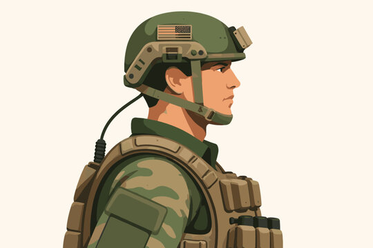 Profile vector illustration of a brave American soldier wearing a green tactical helmet with a US flag patch, camouflage uniform, and combat vest, representing military service and army defense.