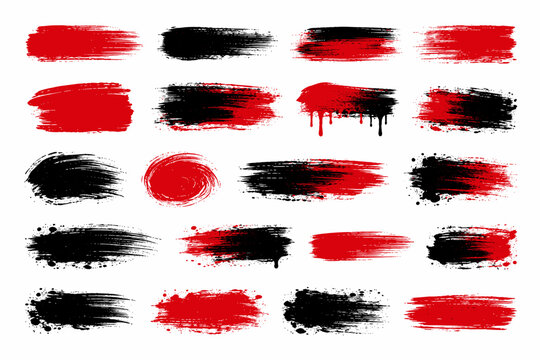 Red and Black Grunge Brush Strokes Set, Distress Texture Banners Collection Isolated on White Background. Artistic Paint Splatters, Ink Stains, and Drip Elements for Graphic Design Projects.