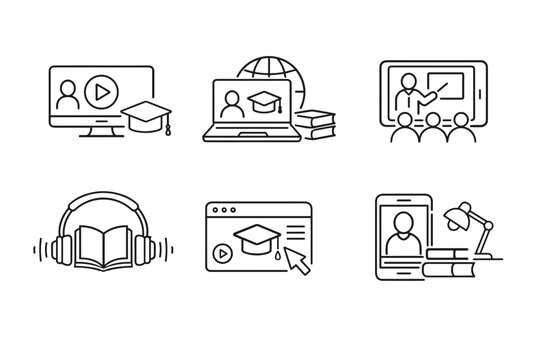 E-learning and Online Education Icon Set with Thin Line Vector Graphics for Distance Learning, Video Tutorials, Webinars, Digital Classrooms, Audiobooks, Graduation, and Remote Study Concepts.