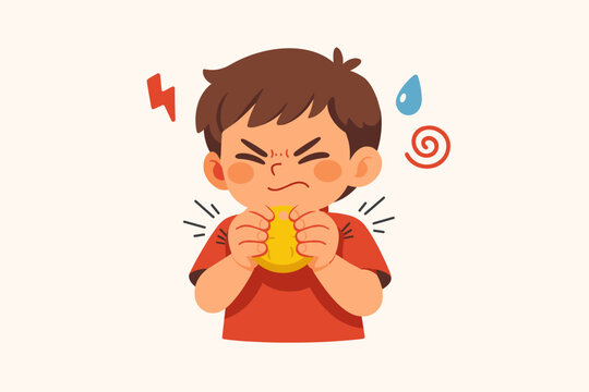Vector illustration of an angry little boy squeezing a yellow stress ball tightly for emotional self-regulation. Child using a sensory toy to manage frustration, stress, and anger in a cartoon style.