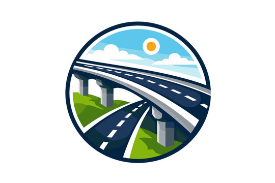 Highway bridge overpass and freeway road illustration in a circular badge style with a sunny sky and clouds, ideal for logistics, transportation, infrastructure, and travel business branding.