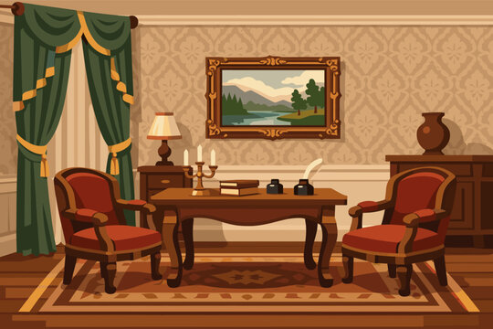 Antique Victorian Style Study Room Interior with Red Velvet Armchairs, Ornate Wooden Desk, Green Curtains, Vintage Wallpaper, Landscape Painting, and Classic Decor Vector Illustration