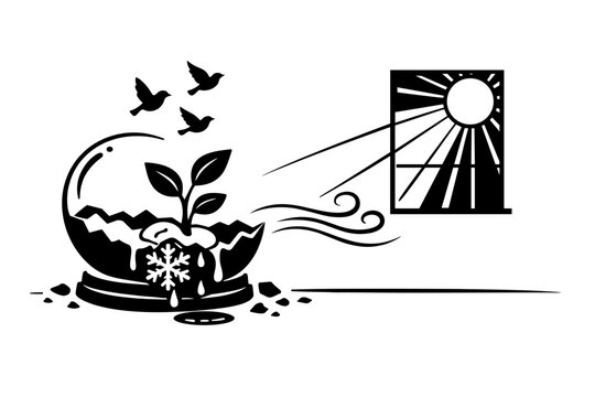 Minimalist black and white vector art of a broken snow globe with a growing plant and melting snow, birds flying out towards a sunny window, conceptual symbol of spring arrival and rebirth.