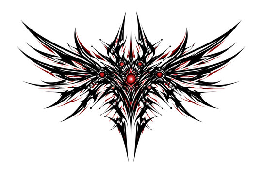 Neo Tribal Cyber Gothic Symmetrical Vector Design for Tattoo Flash or Aggressive T-Shirt Print; Dark Futuristic Abstract Art with Sharp Black Spikes and Glowing Red Core Elements on White Background