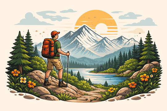 Mountain hiking adventure vector illustration featuring a male backpacker with trekking poles looking at snowy peaks, a blue lake, and pine trees under a golden sunset for t-shirt and poster art.