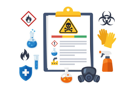 SDS Safety Data Sheet Concept with Hazard Icons and Personal Protective Equipment. Flat Vector Illustration of Chemical Safety Management, Laboratory Risk Assessment, and Industrial Health Safety