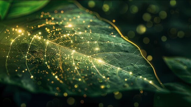 Cinematic Animation of a Glowing Neural Network on a Green Leaf