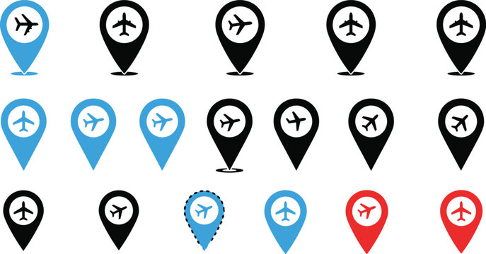 Airplane map pin icons representing airport locations, travel navigation, aviation routes, and public transportation in creative vector illustration design