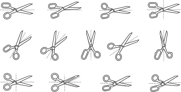 Black and white scissors icons showing cutting directions, geometry, and orientation for design, illustration, and pattern recognition artwork