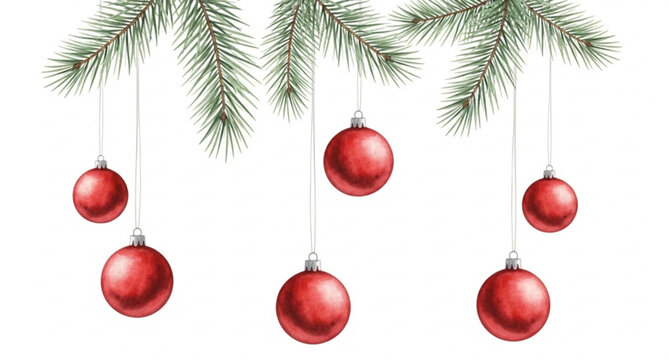Hanging red christmas baubles watercolor vector illustration with pine branch festive decoration isolated on white