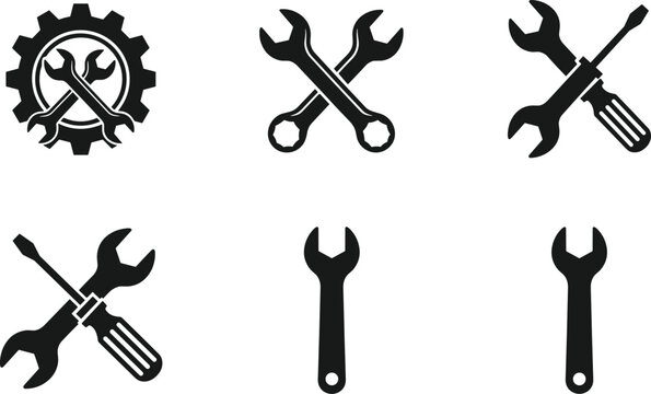 Black wrench and screwdriver icons representing repair, maintenance, engineering, mechanical work, and technical support in creative vector illustration