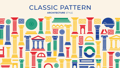 Obraz premium Classic pattern architecture style background with colorful greek pillars and temple shapes