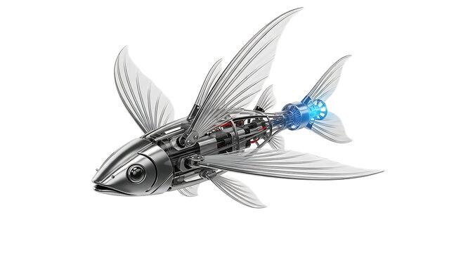 Mechanical robotic fish with metallic wings and glowing blue jet propulsion mechanical fish