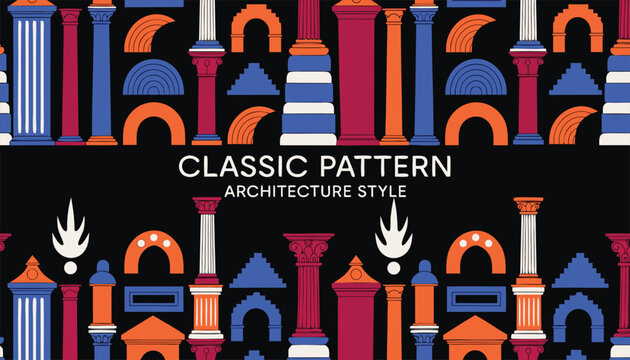 Classic pattern architecture style wallpaper with vibrant columns on dark black background