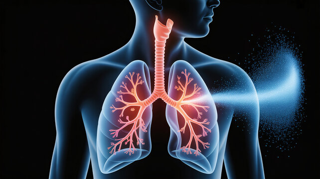 Human lungs and trachea with glowing effect on black background showing respiratory system