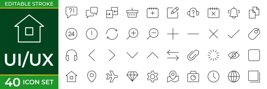 UI UX Design Line Icon Set for User Interface, User Experience, Wireframe, Prototyping, Mobile App and Web Design Outline Vector Collection