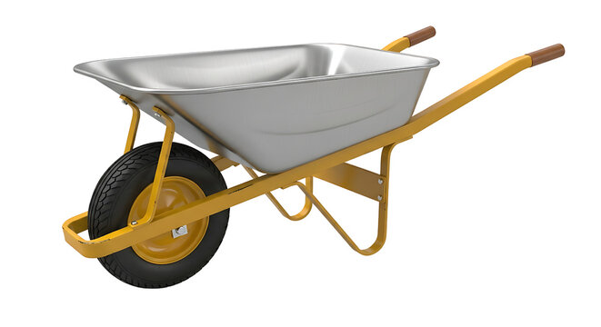 Yellow wheelbarrow with metallic tray and single black tire. Simple design shows sturdy construction. Bright yellow frame stands out against transparent background. Tool ideal for garden, construction
