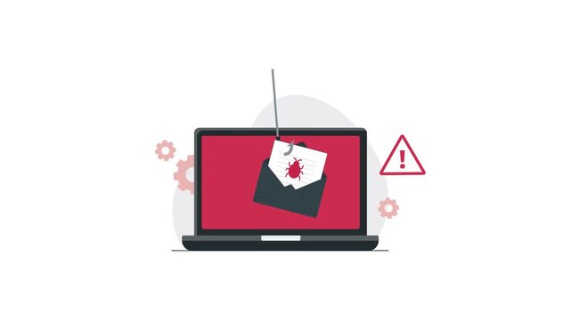 4k Laptop with Phishing Email and Warning Icon. Email Scam Concept Animation Video