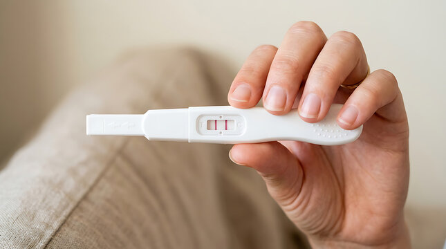 Close-up of hand holding pregnancy test showing positive result with two lines, representing early pregnancy detection, fertility confirmation, and maternal health awareness