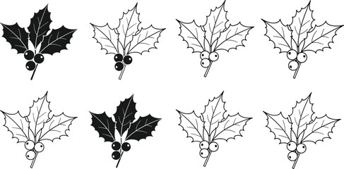 Stylized holly leaf and berry icons in black and white representing Christmas, winter holidays, festive decoration, and seasonal botanical design © creativeDesigner2023