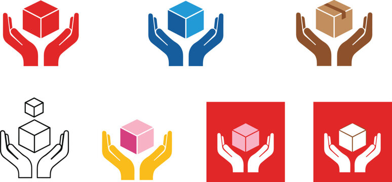 Stylized hands holding cube icons symbolizing care, support, delivery, protection, and preservation concepts in creative vector illustration design
