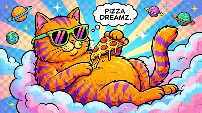 Gato estilo c&oacute;mic comiendo pizza en el espacio