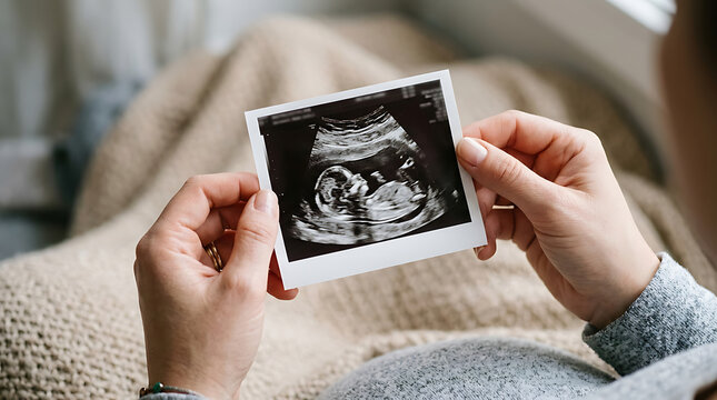 Hands holding ultrasound photo of fetus, representing pregnancy development, prenatal care, and monitoring of fetal health during gestation and maternal healthcare process
