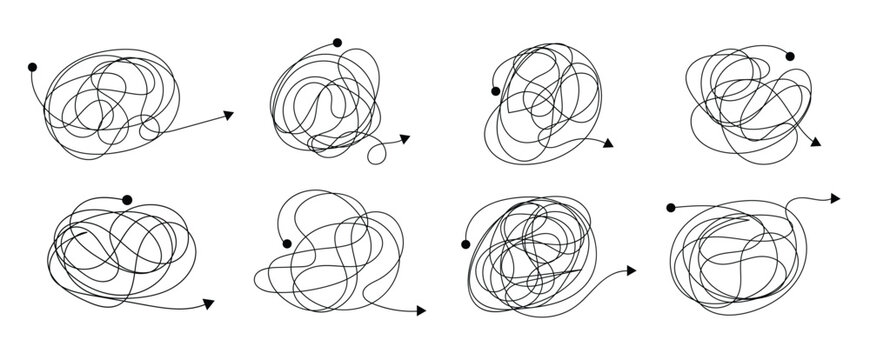 Messy tangle continuous one line drawing of chaos and confusion turning into a clear path and target. Vector illustration.