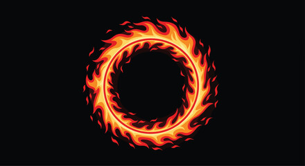 Fototapeta premium Intense ring of fire with glowing orange and yellow flames swirling against a solid black background creating a powerful dramatic effect.