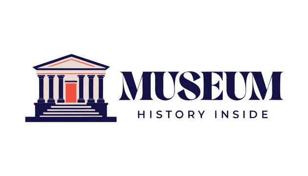 Greek temple museum building, history inside text, minimalist design, educational