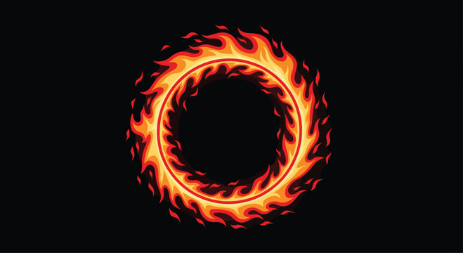 Intense ring of fire with glowing orange and yellow flames swirling against a solid black background creating a powerful dramatic effect.