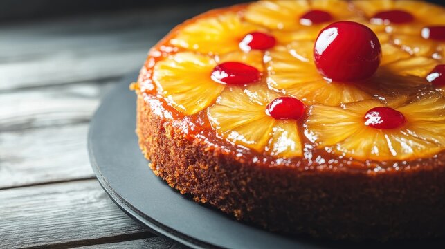 Close up shot of a delicious pineapple upside down cake