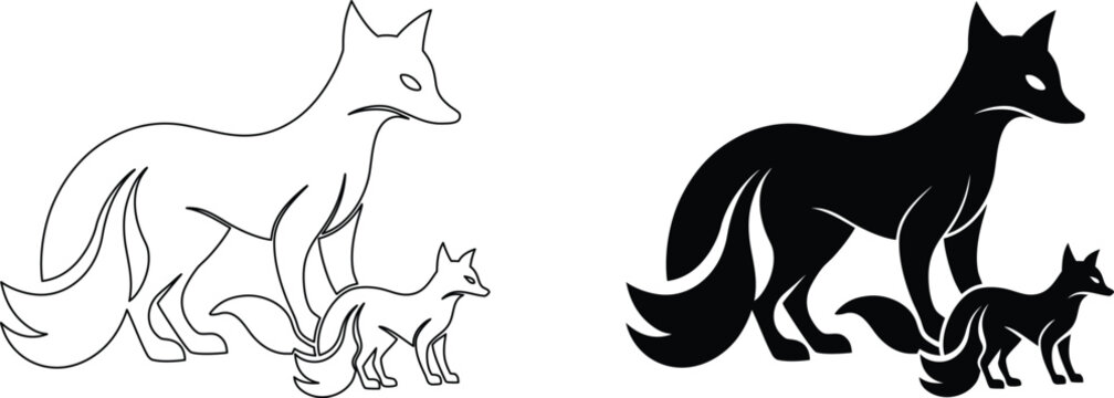 Fox family silhouette and line art illustrations showing parent with cub in profile view.