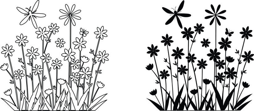 Garden landscape with wildflowers and dragonfly silhouette set for vinyl cutting projects.