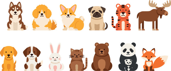 Cute Cartoon Animal Vector Set with Dogs, Cat, Rabbit, Tiger, Panda, Bear, Fox and Moose Characters for Kids and Pet Illustrations © Sirajul