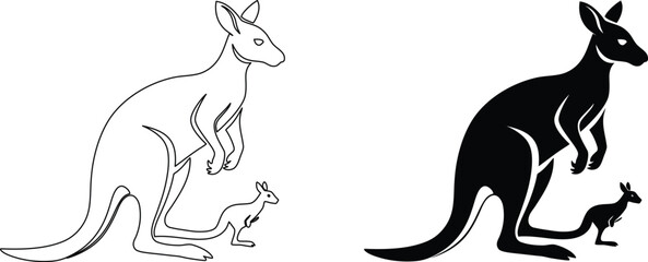 Kangaroo and joey black and white outline and solid fill vector image on transparent background. © Aroti