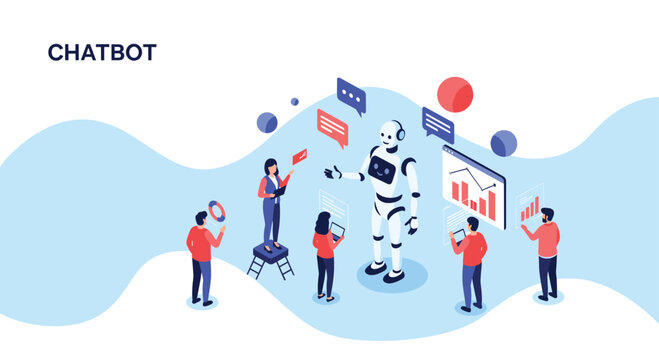 Isometric illustration of diverse people interacting with a large humanoid robot representing artificial intelligence and chatbot services.