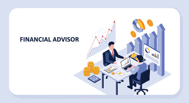Isometric design showing a financial advisor discussing investment strategies and market growth with a client in a modern office setting.