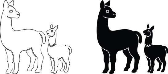 Llama family: mother llama with baby llama, black and white outlines isolated. © Aroti
