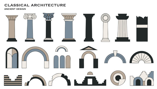 Minimalist classical architectural icons with abstract greek columns and roman stone arches