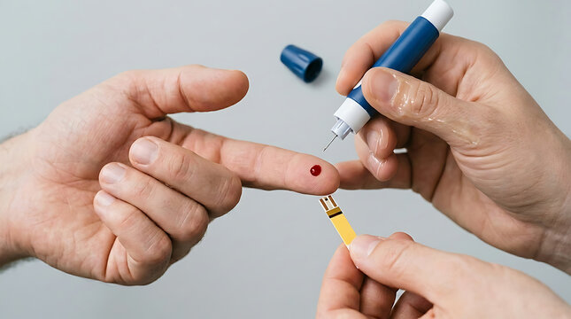 Close-up of finger prick blood test using lancet device, representing diabetes testing, blood sugar monitoring, and medical diagnostic procedure