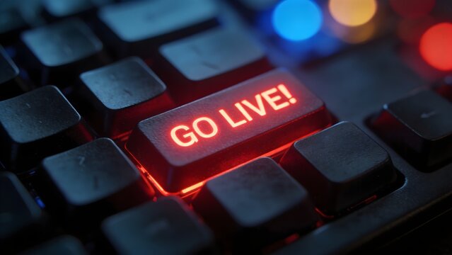 Bright red neon go live text glows on a modern computer keyboard key to start a digital streaming broadcast event